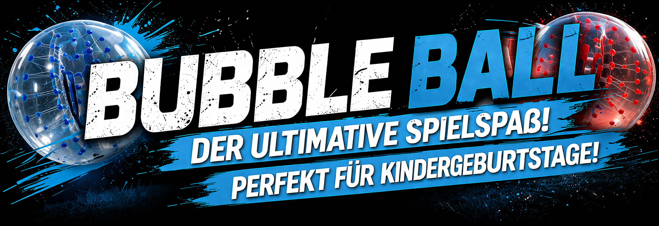 Bubble Ball Spiel im Garten mit Jugendlichen in roten und blauen Bubbles beim Fußballspielen und Zusammenstoßen