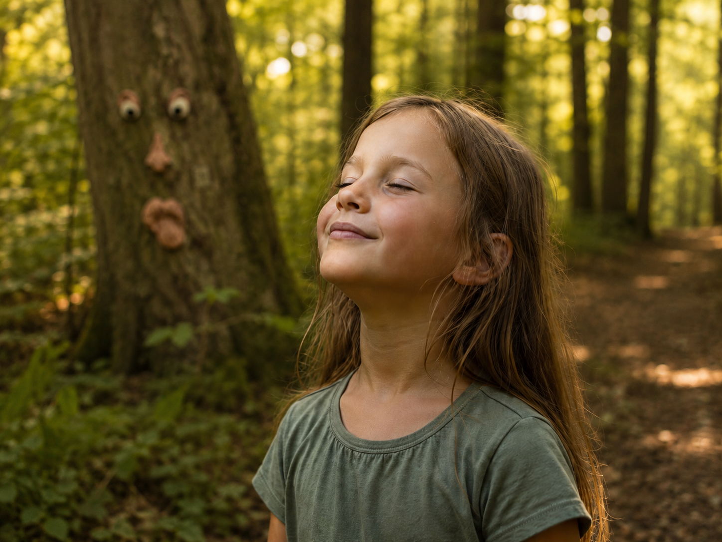 Lächelndes Mädchen mit geschlossenen Augen im Wald neben einem Baum mit Gesicht, versunken in die eigene Vorstellungskraft